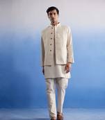 Cream Khadi Cotton Jacket, Kurta And Pyjama Set