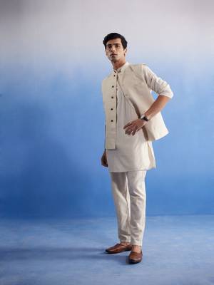 Cream Khadi Cotton Jacket, Kurta And Pyjama Set 2