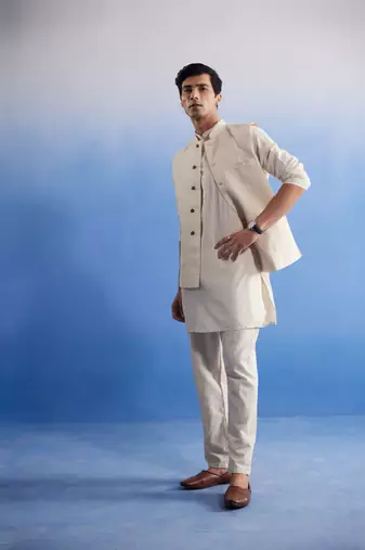 Cream Khadi Cotton Jacket, Kurta And Pyjama Set