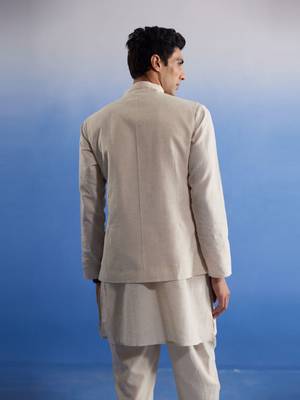 Cream Khadi Cotton Jacket, Kurta And Pyjama Set 3