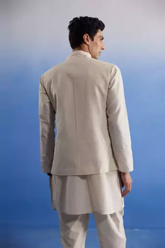 Cream Khadi Cotton Jacket, Kurta And Pyjama Set