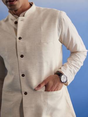 Cream Khadi Cotton Jacket, Kurta And Pyjama Set 4