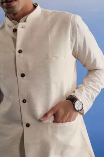 Cream Khadi Cotton Jacket, Kurta And Pyjama Set