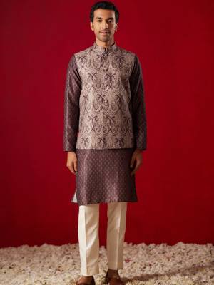 Wine Cotton Silk Jacket, Kurta And Pyjama Set 1