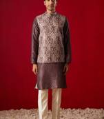 Wine Cotton Silk Jacket, Kurta And Pyjama Set