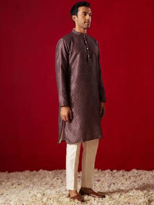 Wine Cotton Silk Jacket, Kurta And Pyjama Set 2
