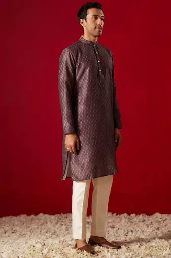 Wine Cotton Silk Jacket, Kurta And Pyjama Set