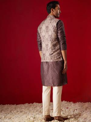 Wine Cotton Silk Jacket, Kurta And Pyjama Set 3