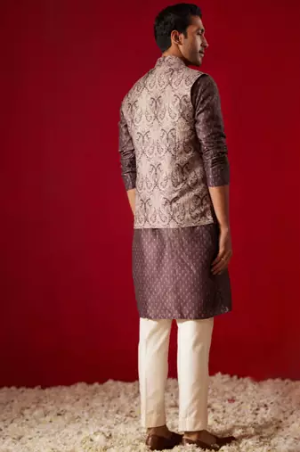 Wine Cotton Silk Jacket, Kurta And Pyjama Set