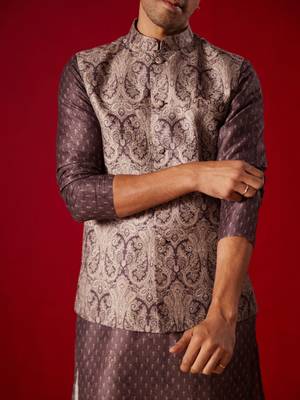 Wine Cotton Silk Jacket, Kurta And Pyjama Set 4