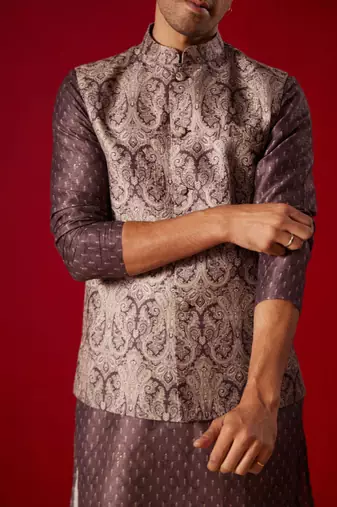 Wine Cotton Silk Jacket, Kurta And Pyjama Set