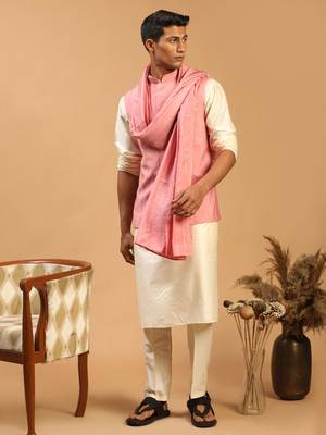 Cream And Pink Viscose Jacket, Kurta, Pyjama And Dupatta Set 1
