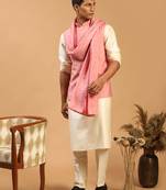 Cream And Pink Viscose Jacket, Kurta, Pyjama And Dupatta Set