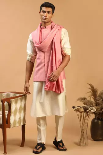 Cream And Pink Viscose Jacket, Kurta, Pyjama And Dupatta Set