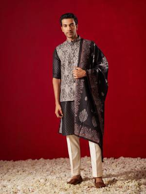 men's black cotton silk jacket, kurta, pyjama and dupatta set 1