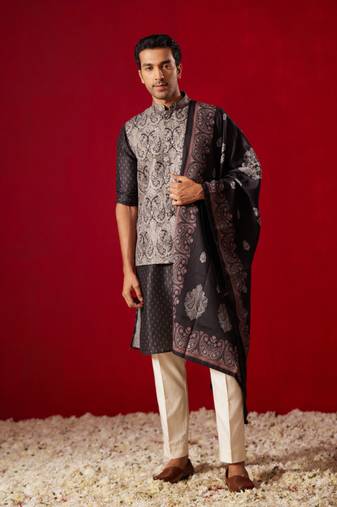 Vastramay men's black cotton silk jacket, kurta, pyjama and dupatta set