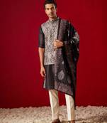 men's black cotton silk jacket, kurta, pyjama and dupatta set