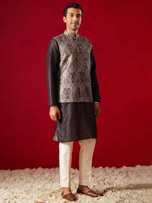 men's black cotton silk jacket, kurta, pyjama and dupatta set 2