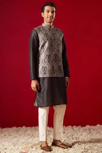 men's black cotton silk jacket, kurta, pyjama and dupatta set