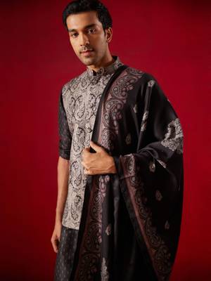 men's black cotton silk jacket, kurta, pyjama and dupatta set 4