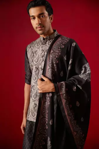 men's black cotton silk jacket, kurta, pyjama and dupatta set