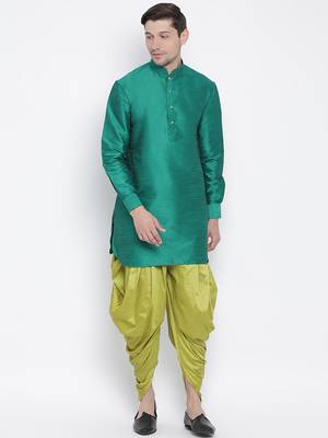 Green Silk Blend Kurta And Dhoti Set 1