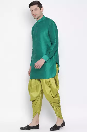 Green Silk Blend Kurta And Dhoti Set