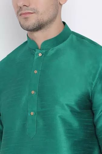 Green Silk Blend Kurta And Dhoti Set