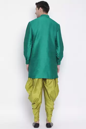 Green Silk Blend Kurta And Dhoti Set