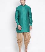 Green Silk Blend Kurta And Dhoti Set
