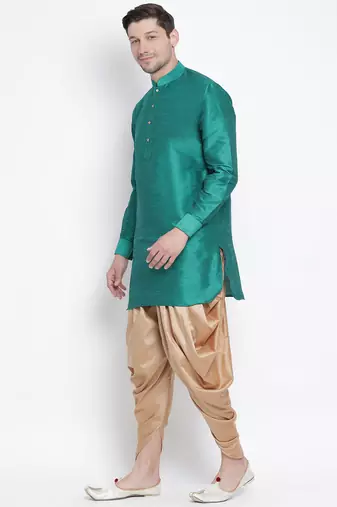 Green Silk Blend Kurta And Dhoti Set