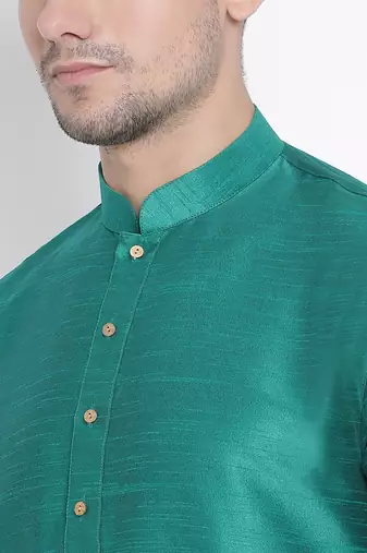 Green Silk Blend Kurta And Dhoti Set