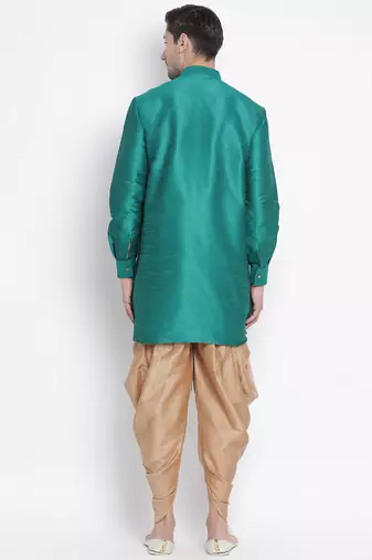 Green Silk Blend Kurta And Dhoti Set