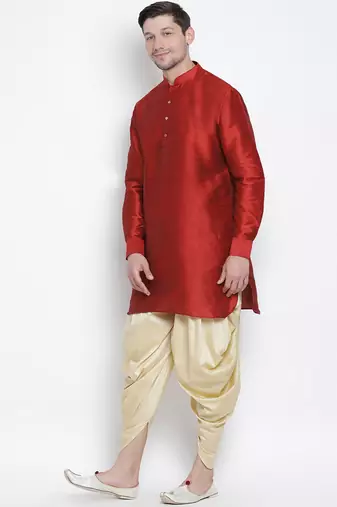Maroon Silk Blend Kurta And Dhoti Set