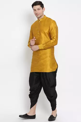 Men'S Yellow Silk Blend Kurta And Dhoti Set