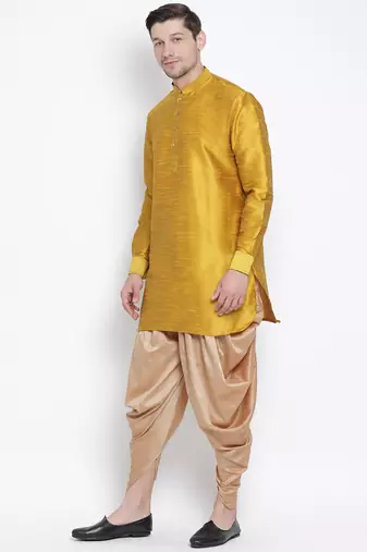 Yellow Silk Blend Kurta And Dhoti Set