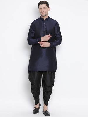 Dark Blue Silk Blend Kurta And Dhoti Set 1