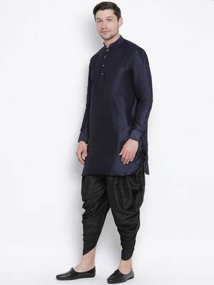 Dark Blue Silk Blend Kurta And Dhoti Set 2