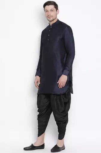 Dark Blue Silk Blend Kurta And Dhoti Set