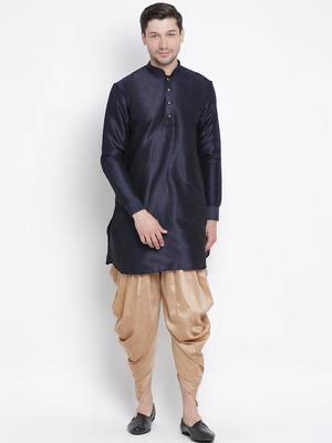 Dark Blue Silk Blend Kurta And Dhoti Set 1