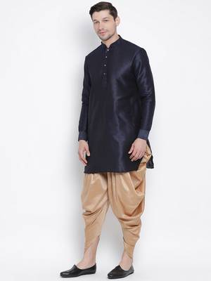 Dark Blue Silk Blend Kurta And Dhoti Set 2