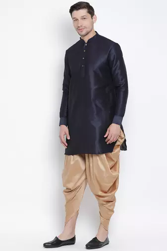Dark Blue Silk Blend Kurta And Dhoti Set