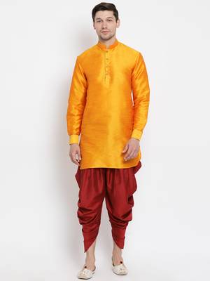 Orange Silk Blend Kurta And Dhoti Set 1