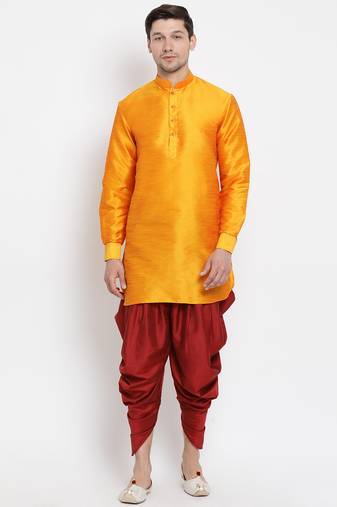 Men'S Orange Silk Blend Kurta And Dhoti Set