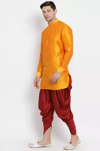 Orange Silk Blend Kurta And Dhoti Set