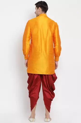 Orange Silk Blend Kurta And Dhoti Set
