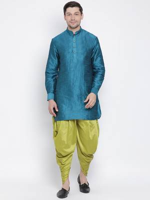Men'S Dark Green Silk Blend Kurta And Dhoti Set 1