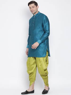 Men'S Dark Green Silk Blend Kurta And Dhoti Set 2
