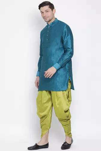 Men'S Dark Green Silk Blend Kurta And Dhoti Set