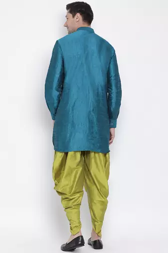 Men'S Dark Green Silk Blend Kurta And Dhoti Set